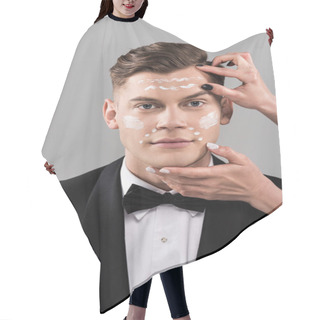 Personality  Partial View Of Cosmetologists Applying Cream And Man In Formal Wear Isolated On Grey Hair Cutting Cape