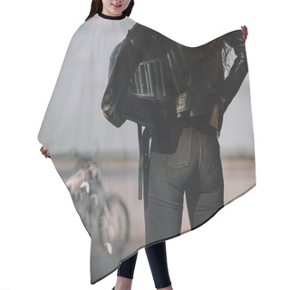 Personality  Cropped View Of Woman Holding Moto Helmet, Motorbike Standing On Background Hair Cutting Cape