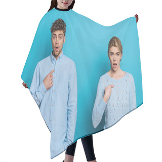 Personality  Shocked Man And Woman Pointing With Fingers At Themselves While Looking At Camera On Blue Background Hair Cutting Cape