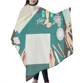 Personality  Cropped Image Of Woman Holding White Sheet Of Paper In Hands Hair Cutting Cape