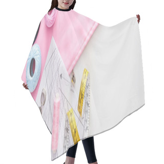 Personality  Panoramic Shot Of Fabric, Knitting Yarn Balls, Measuring Tape, Sewing Pattern, Scissors, Thimbles, Bobbins And Thread On White Background  Hair Cutting Cape