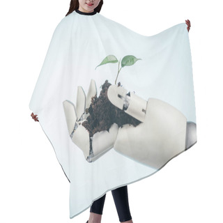 Personality  Robotic Hand With Young Green Plant On Bicolor Background, Earth Day Concept Hair Cutting Cape