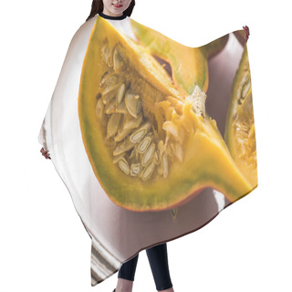 Personality  Plate With Fresh Ripe Pumpkin Quarters With Seeds Hair Cutting Cape