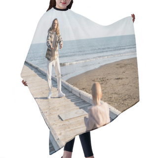 Personality  Cheerful Man Looking At Blurred Toddler Daughter On Pier Near Adriatic Sea In Italy  Hair Cutting Cape