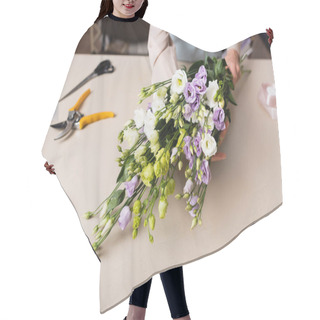 Personality  Partial View Of Florist Holding Eustoma Flowers Near Decorative Tape, Secateurs And Scissors On Blurred Background Hair Cutting Cape