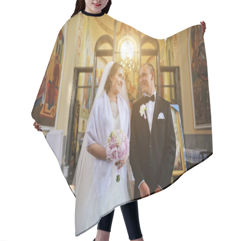 Personality  Happy Wedding Couple Stay At Church And Looked Each Other At Sun Hair Cutting Cape