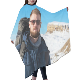 Personality  A Hipster Traveler With A Beard Wearing Sunglasses In Nature. Hair Cutting Cape