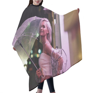 Personality  Smiling Young Woman In Transparent Raincoat With Umbrella On Street At Night Under Pink Light Hair Cutting Cape