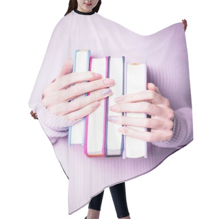 Personality  Beautiful Female Hands Holding Four Books On The Pale Violet Background. Manicure With Pink Color Nail Polish With Shiny Design, Nude Manicure, Copy Space Hair Cutting Cape