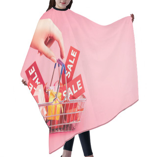 Personality  Cropped View Of Female Hand Near Shopping Basket With Gifts And Red Tag With Lettering On Pink, Black Friday Concept Hair Cutting Cape