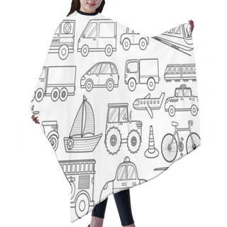 Personality  Transport Black And White Collection In Cartoon Style. Set With Doodle Cars For Kids And Baby Design In Outline. Vehicles Clipart Isolated. Vector Illustration Hair Cutting Cape