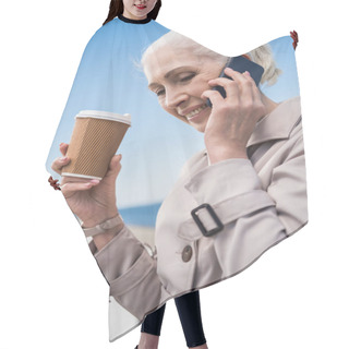 Personality  Grey Haired Woman Talking On Smartphone Hair Cutting Cape