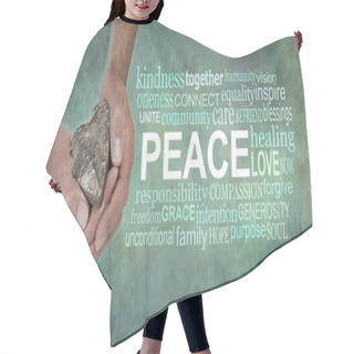 Personality  Love And Peace Word Cloud - Male Hands Holding A Wooden Heart Beside A Peace Word Cloud Against A Green Rustic Grunge Stone Effect Background                                Hair Cutting Cape