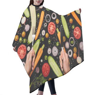Personality  Cropped View Of Woman Holding Cutlery On Vegetable Pattern Background Isolated On Black Hair Cutting Cape