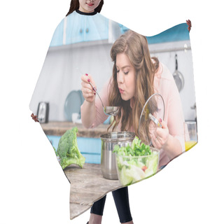 Personality  Portrait Of Young Overweight Woman Cooking Soup In Kitchen At Home Hair Cutting Cape