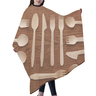 Personality  Top View Of Wooden Spoons Forks And Knifes On Brown Background Hair Cutting Cape