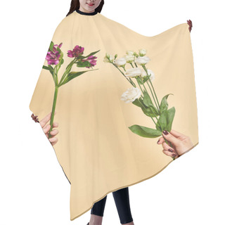 Personality  Object Photo Of Fresh Eustoma And Lilies Flowers In Hands Of Unknown Woman On Pastel Backdrop Hair Cutting Cape