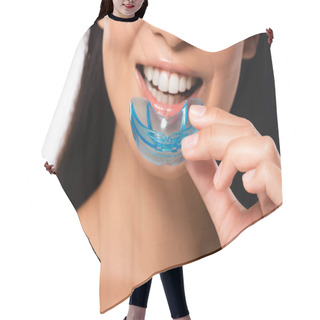 Personality  Cropped View Of Woman Using Mouth Guard Isolated On White Hair Cutting Cape