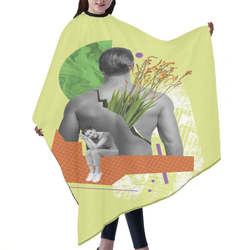 Personality  Vertical Photo Collage Of Happy Girl Naked Male Back Brake Flowers Greeting Bouquet Holiday Spring Massage Isolated On Painted Background. Hair Cutting Cape