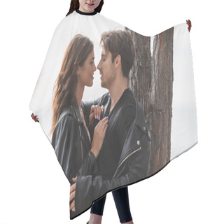 Personality  Man In Leather Jacket Hugging Girlfriend Near Tree In Forest  Hair Cutting Cape
