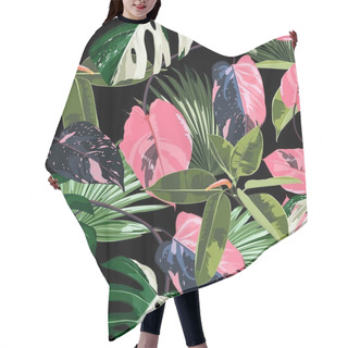 Personality  Tropic Summer Painting Seamless Pattern With Exotic Pink Liana Branch And Palm Monstera Leaves. Trendy Exotic Flower Wallpaper On Dark Background. Hair Cutting Cape