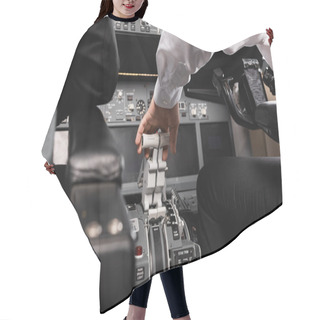 Personality  Cropped View Of Co-pilot Using Thrust Lever In Airplane Simulator Hair Cutting Cape