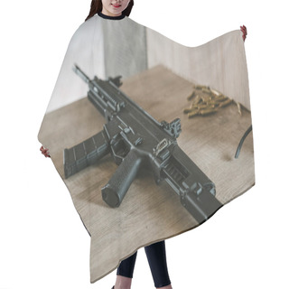 Personality  Black Rifle With Bullets On Wooden Table In Shooting Range Hair Cutting Cape