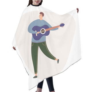 Personality  Smiling Guy Plays The Guitar. Playing Guitar In Your Free Time. Lessons Of Guitar Playing. Advertising Guitar Lessons. Poster For A Music Store, Concert, Or Festival. Vector Illustration. Hair Cutting Cape