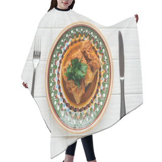 Personality  Top View Of Tasty Stuffed Cabbage Rolls With Parsley On Plate, Cutlery And White Wooden Background Hair Cutting Cape
