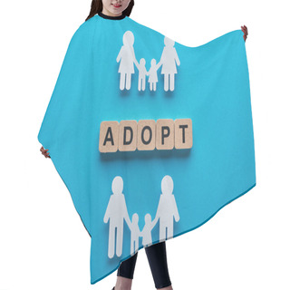 Personality  Top View Of Paper Cut Gay And Lesbian Families Holding Hands On Blue Background With Adopt Lettering On Wooden Cubes Hair Cutting Cape