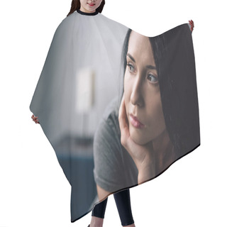 Personality  Selective Focus Of Beautiful Depressed Woman Looking Away At Home Hair Cutting Cape