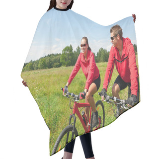 Personality  Young Couple Riding Mountain Bike In Spring Meadow Hair Cutting Cape