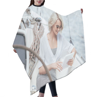 Personality  Smiling Blonde Girl In Sunglasses Using Digital Tablet While Sitting On Yacht Hair Cutting Cape
