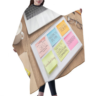 Personality  Paper Stickers With Business Strategy, Calculator, Cup Of Coffee And Laptop On Tabletop Hair Cutting Cape
