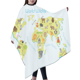Personality  World Wildlife Map - Continents With Typical Fauna. Funny Cartoon Animals. Children Carpet Or Poster. Vector Illustration Hair Cutting Cape