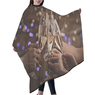Personality  Clinking Glasses Of Champagne In Hands On Bright Lights Background Hair Cutting Cape