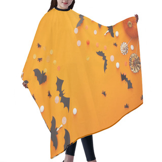 Personality  Top View Of Pumpkin, Bats And Spiders With Confetti On Orange Background, Halloween Decoration Hair Cutting Cape