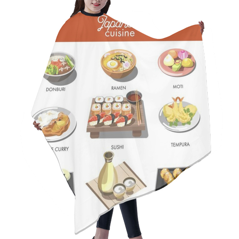 Personality  Japanese Cuisine Traditional Dishes Of Ramen And Udon Donburi Noodles, Onigiri Seafood Tempura Sushi Rolls, Miso Soup And Sake Vodka Drink. Traditional Japan Restaurant Menu Vector Icons Hair Cutting Cape
