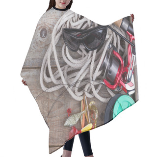 Personality  Fishing Tackles On Wooden Board With Rope Hair Cutting Cape
