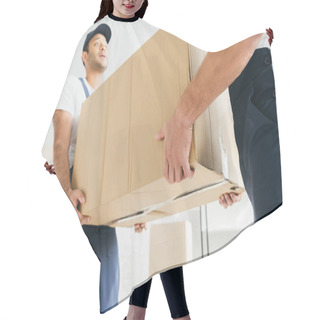 Personality  Low Angle View Of Multiethnic Movers In Uniform Carrying Huge Carton Box  Hair Cutting Cape