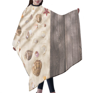 Personality  Top View Of Seashells And Starfish On Sand And Wooden Brown Board Hair Cutting Cape