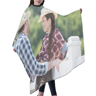 Personality  Cowboy Style Couple Talking Near Fence Hair Cutting Cape