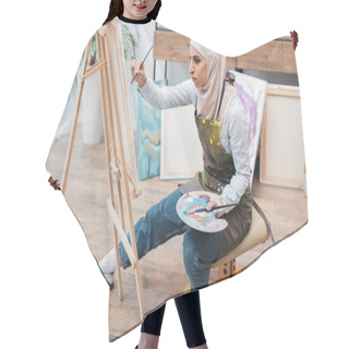 Personality  Full Length View Of Muslim Woman Drawing On Easel At Home Hair Cutting Cape