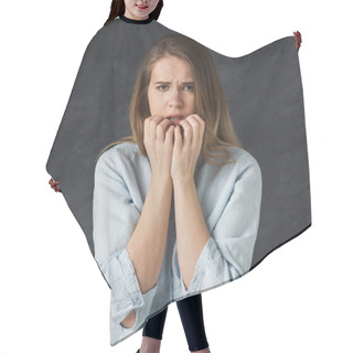 Personality  Young Nervous Woman Biting Her Nails Hair Cutting Cape