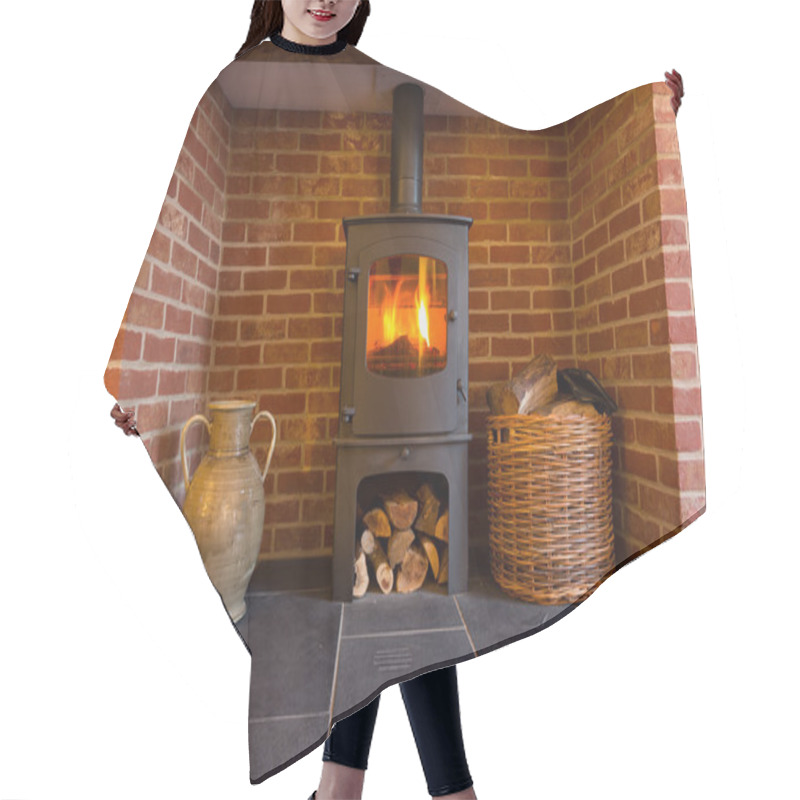 Personality  Wood burning stove in brick fireplace hair cutting cape
