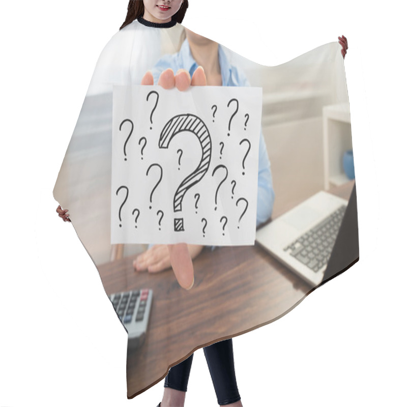Personality  Businesswoman Showing Question Marks Signs Hair Cutting Cape
