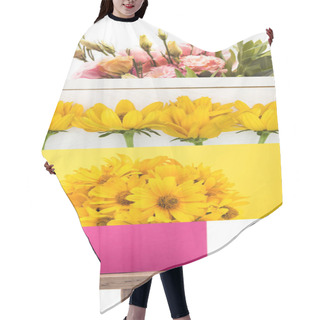 Personality  Collage Of Yellow And Pink Flowers And Wooden Bench On White  Hair Cutting Cape