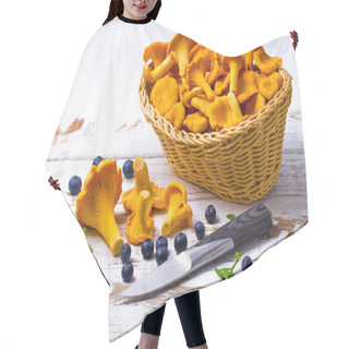 Personality  Yellow Chanterelles, Knife And Blueberry On A Wooden Table Hair Cutting Cape