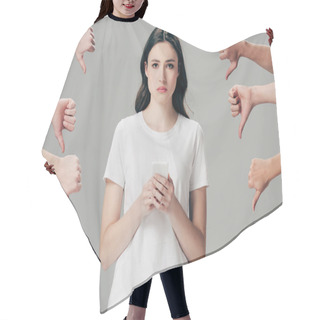 Personality  Cropped View Of Men And Women Showing Thumbs Down Near Upset Girl With Smartphone Isolated On Grey Hair Cutting Cape