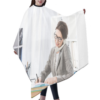 Personality  Smiling Attractive Businesswoman Talking By Stationary Telephone In Office Hair Cutting Cape